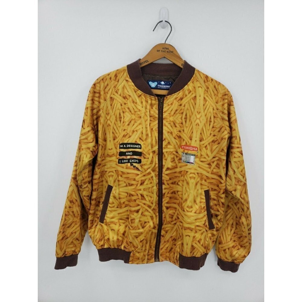 Tyakasha Bomber Jacket  Womens Medium I Like Chips French Fries Satin
